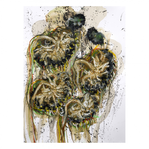 Dode zonnebloemen 2023 76x56 cm, houtskool, sibirisch krijt, inkt en oilstick op papier