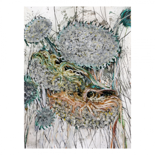 Dode zonnebloemen 2023 76x56 cm, houtskool, sibirisch krijt, inkt en oilstick op papier