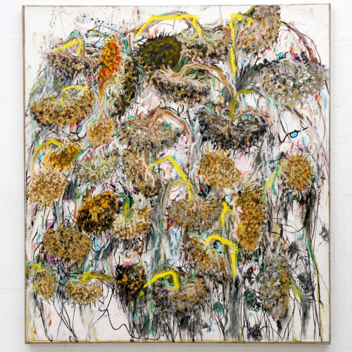 Dying sunflowers 120x110 cm mixed media 2023 