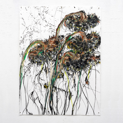 Dying sunflowers 76x56 cm mixed media 2023